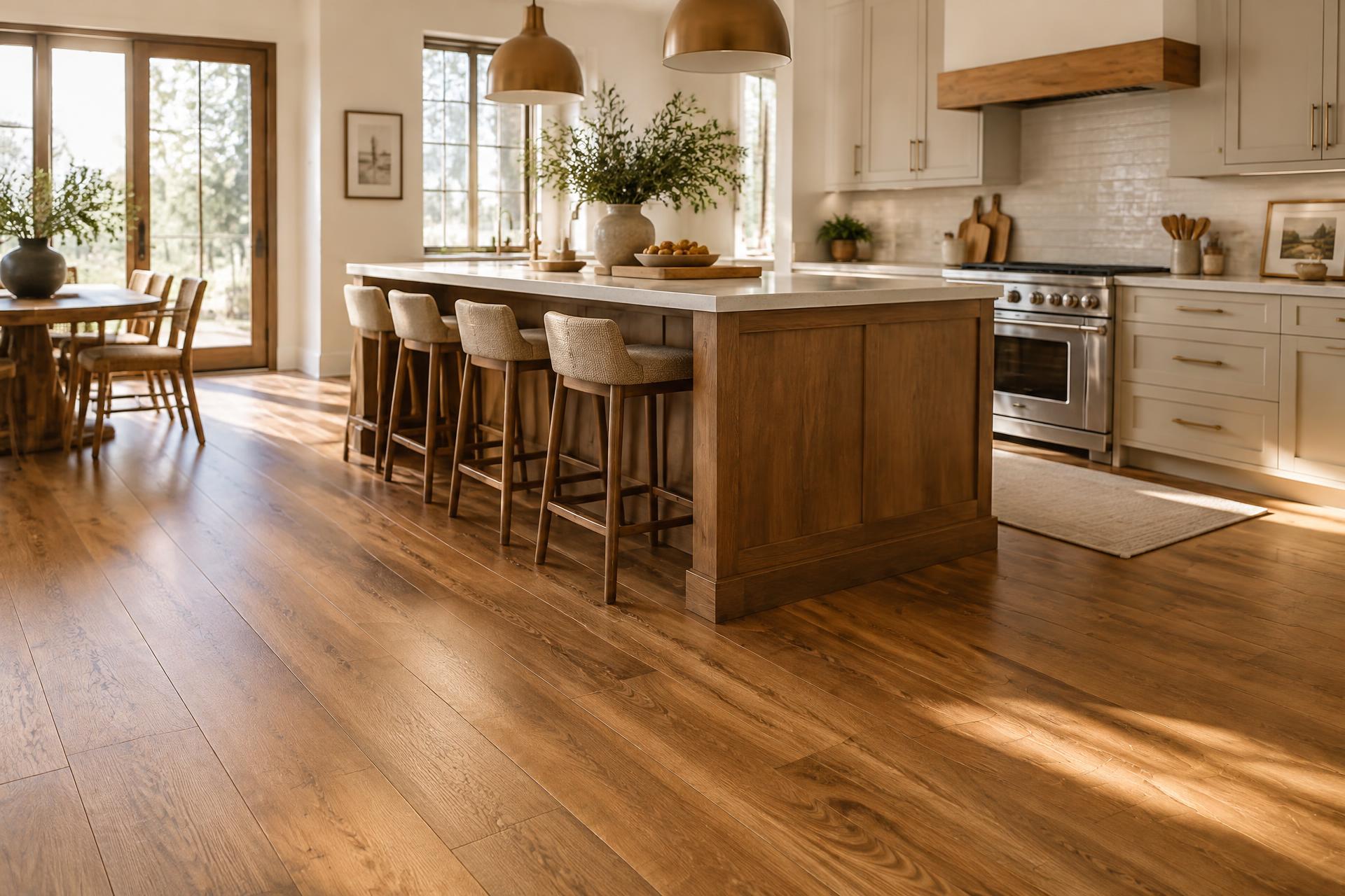 Finished wood flooring in a warm modern kitchen