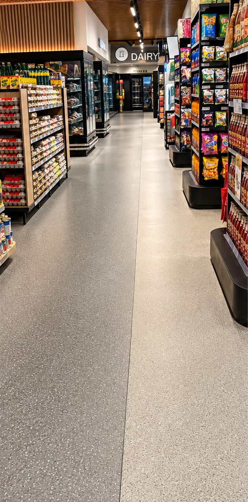 Supermarket aisle with durable retail flooring
